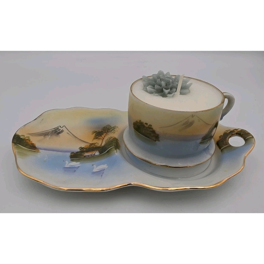 Vintage Japanese Eggshell Porcelain Mount Fuji Cup Snack Plate Set with Candle